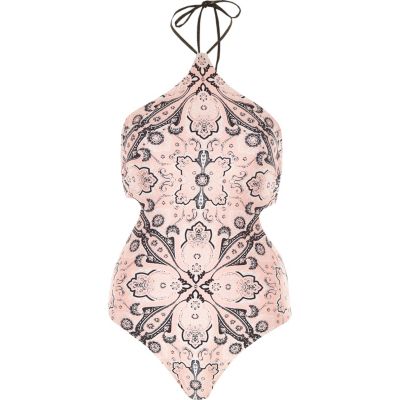 Pink scarf print cut out halter neck swimsuit